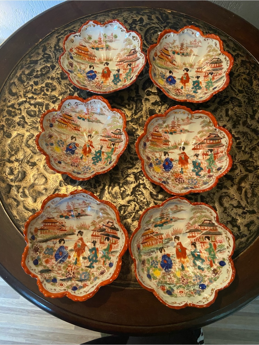 Hand-Painted Scalloped Decorative Bowls - Red Trim